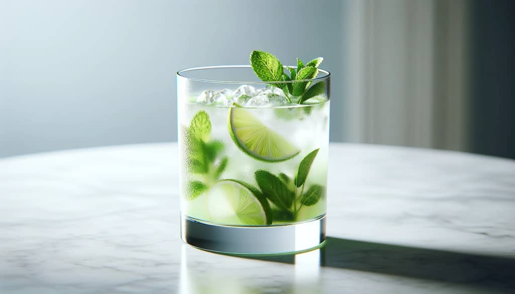 muddled cocktail with lime and mint in glass