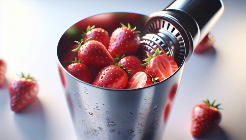 muddled strawberries in cocktail shaker