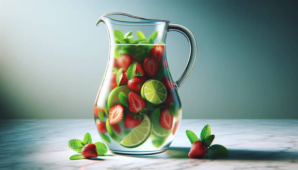 mojito pitcher with muddled strawberries and mint