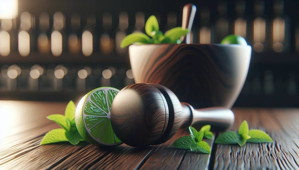 Muddler and fresh lime used in cocktail preparation