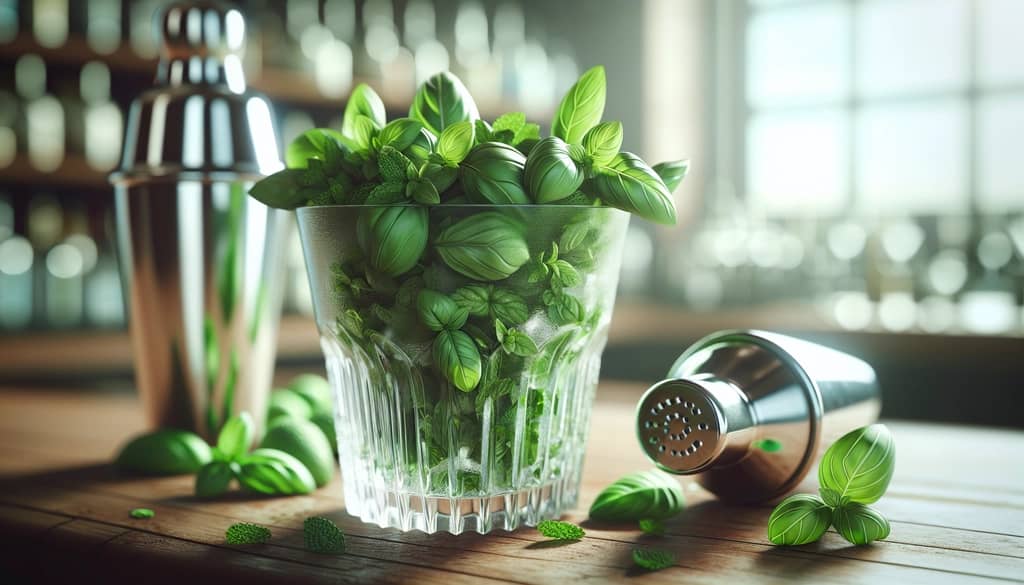 basil and mint muddled in cocktail shaker
