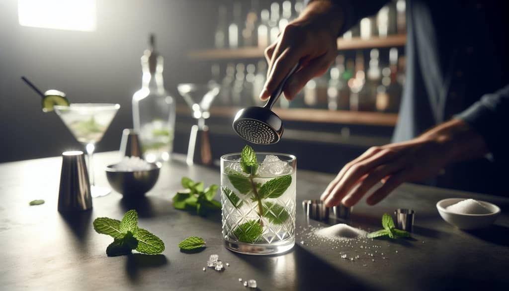 muddling mint leaves gently in glass