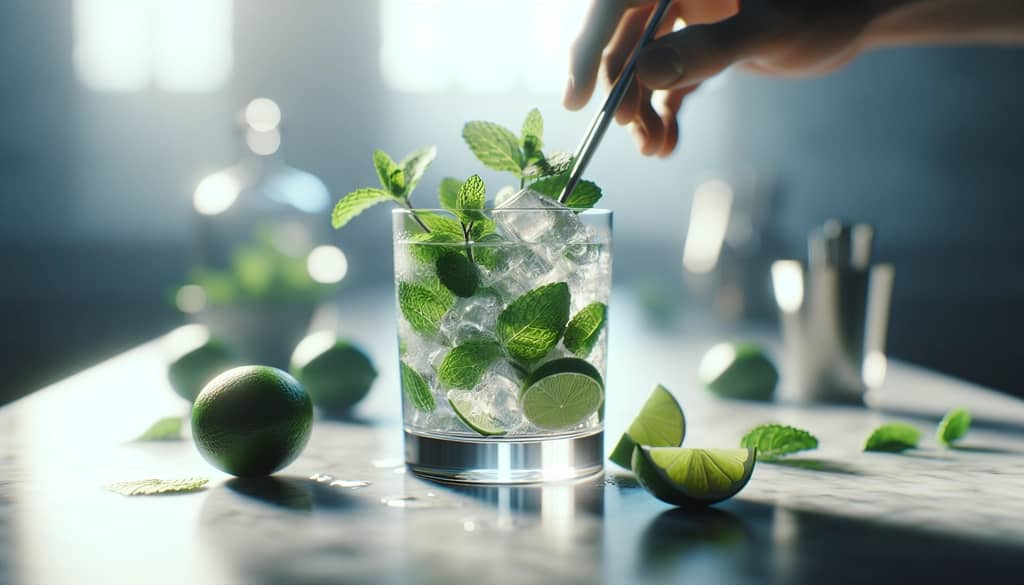 closeup of mint being muddled with lime in a glass