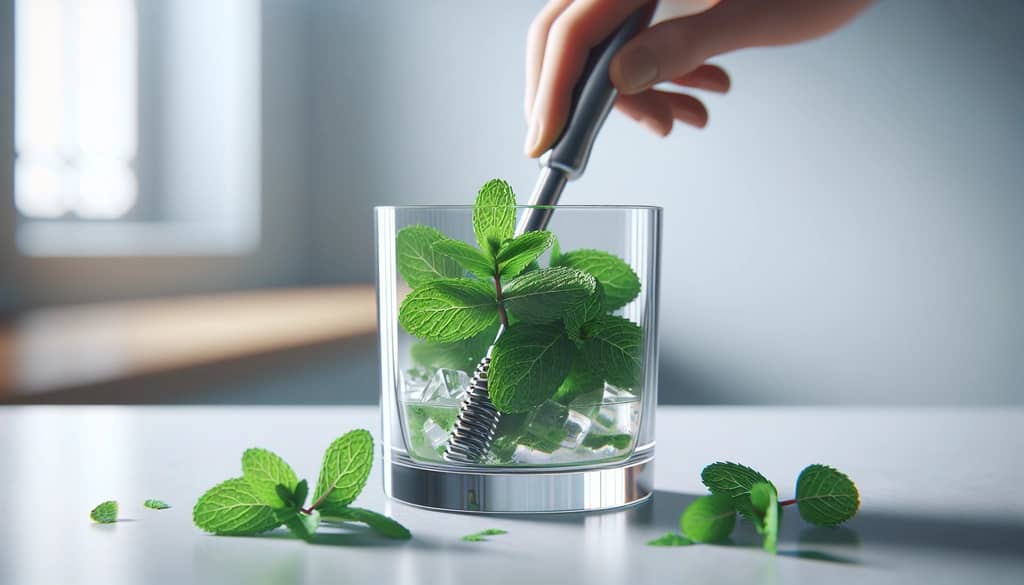 Muddling mint in a glass for a homemade mocktail