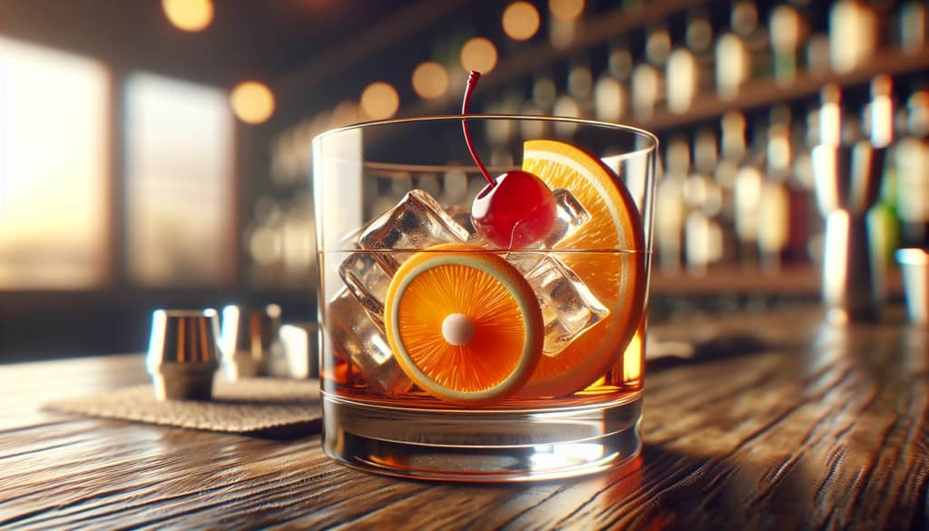 muddling orange and cherry with sugar in an old fashioned glass