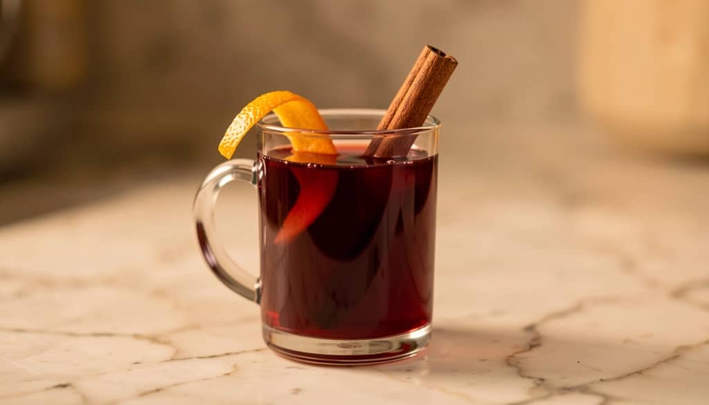 mulled Lillet Rouge cocktail in a clear mug with orange peel and cinnamon stick