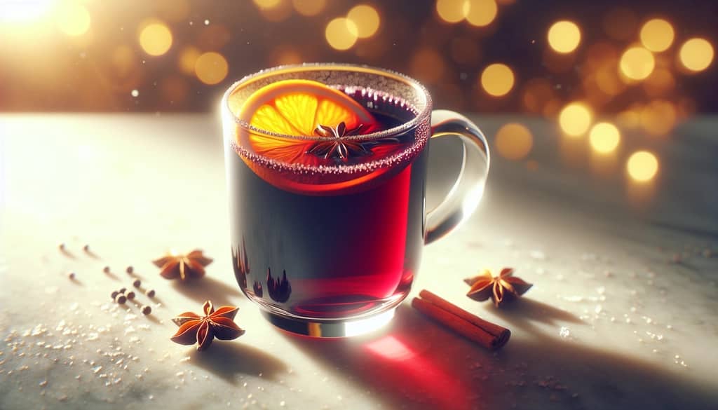 mulled wine in clear mug with orange and star anise