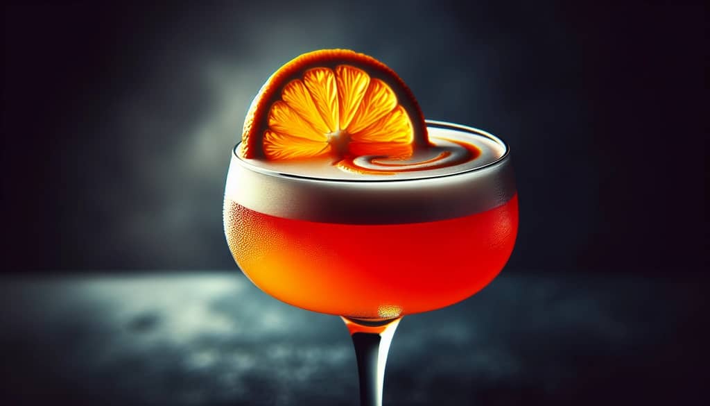 closeup of a Naked and Famous cocktail showing vibrant orange color and frothy top