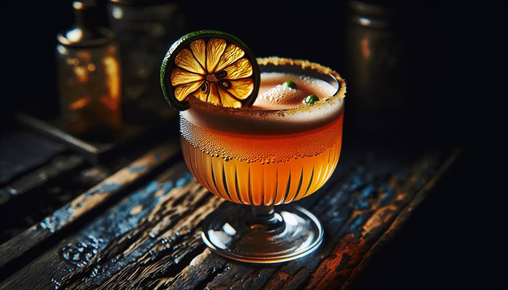 naked and famous cocktail in a coupe glass on a wooden bar