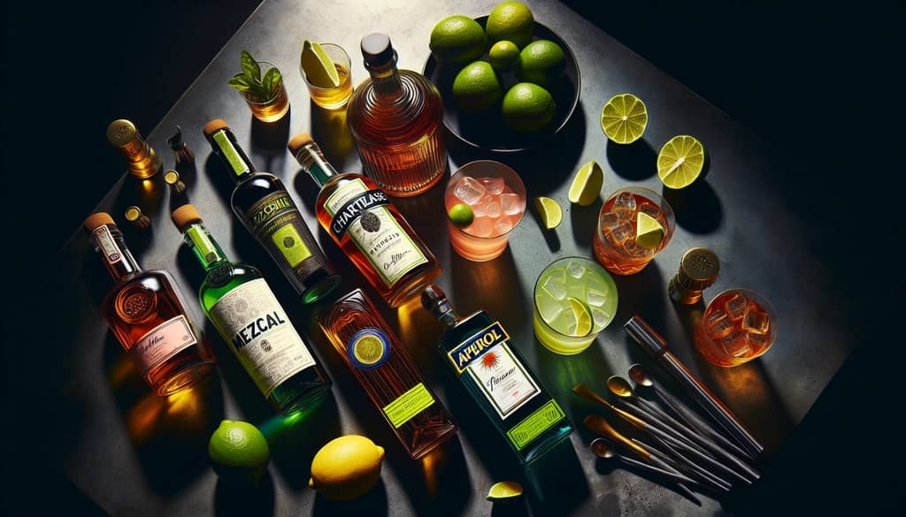 bottles of mezcal, yellow chartreuse, and Aperol with limes on bar