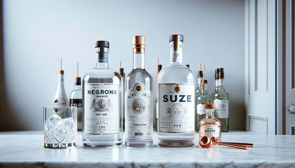 ingredients for negroni bianco arranged on counter