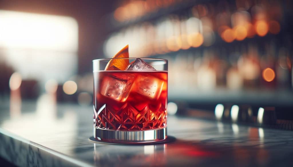 Cocktail Negroni in un bicchiere old fashioned con guarnizione di scorza d'arancia
