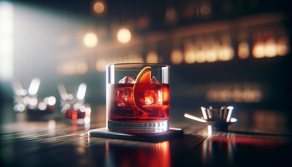 Klassischer Negroni im Tumbler mit Orangenschale als Garnitur