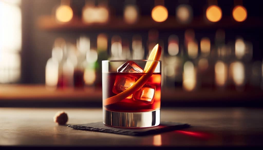 Copa de cóctel Negroni individual con líquido rojo intenso y toque de naranja