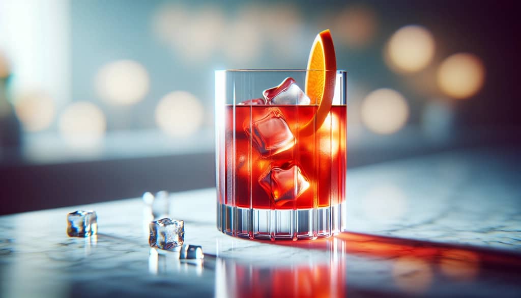 highball glass negroni sbagliato with orange wheel garnish
