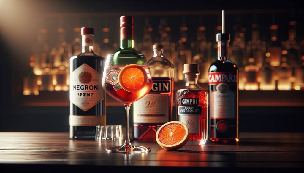 negroni spritz recipe ingredients and glass on a bar
