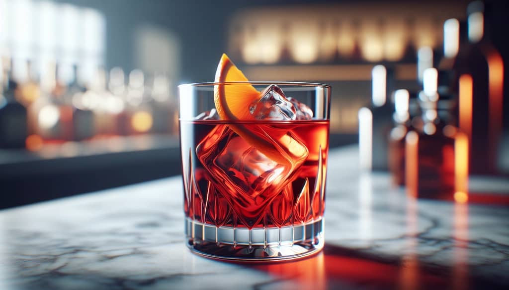 Negroni clásico agitado en un vaso old fashioned con un giro de naranja
