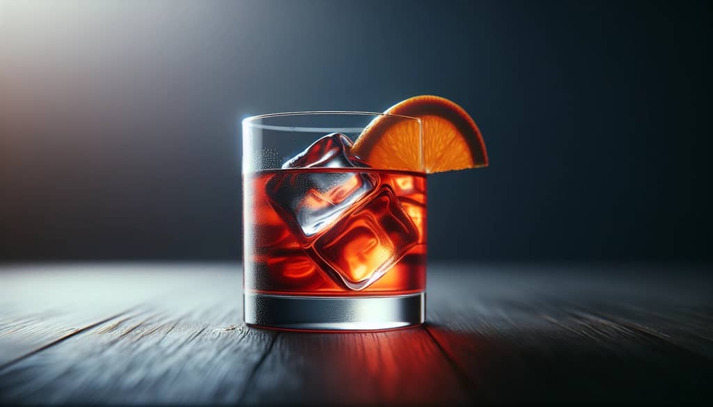 negroni variation with clear ice and orange slice