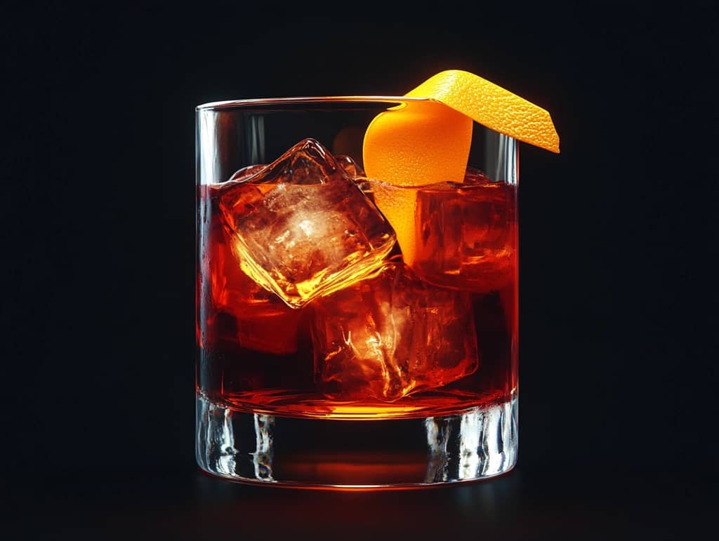 Classic Negroni cocktail in a glass with an orange twist