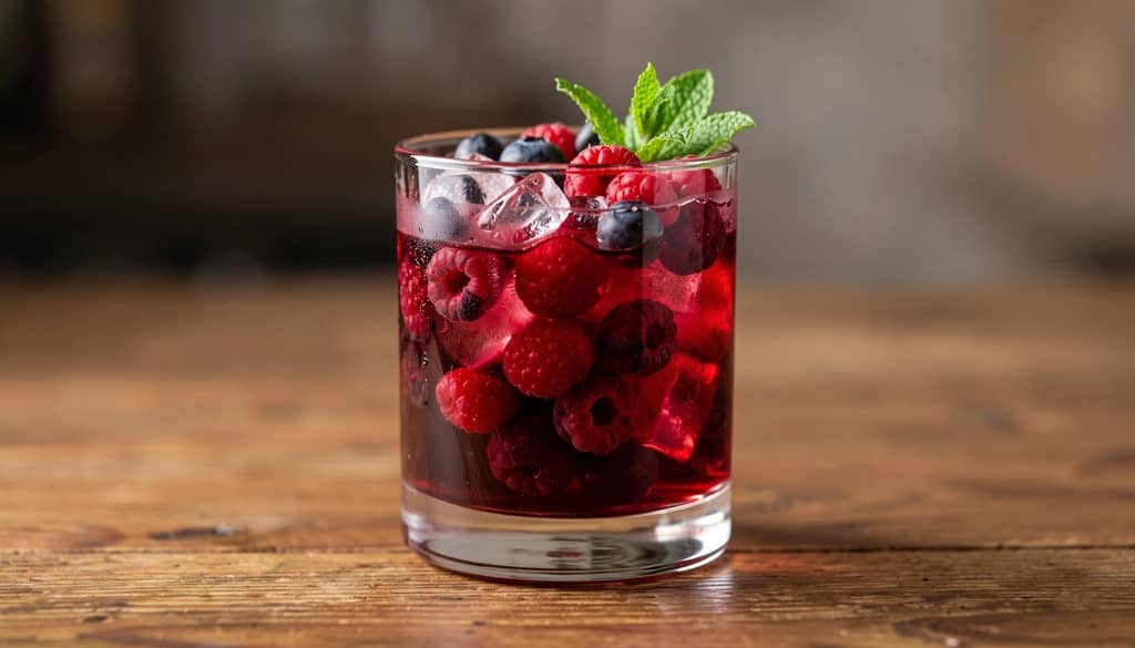 non-alcoholic cocktail with berries mint ice in glass
