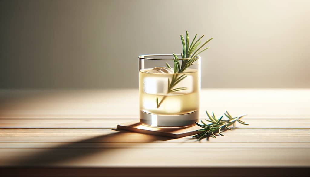 Non-alcoholic cocktail with rosemary garnish in tumbler