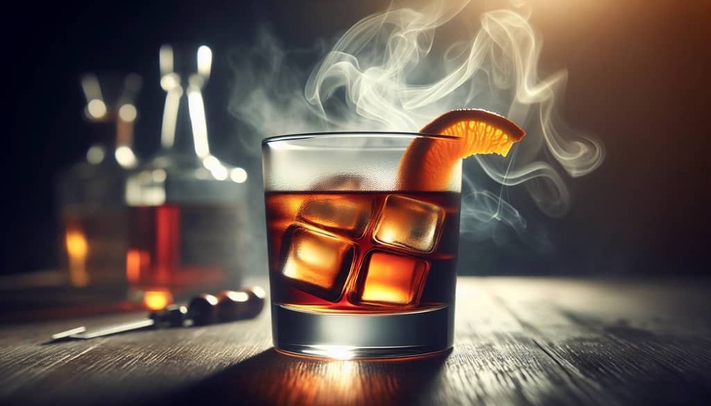 cocktail fumé sans alcool dans un verre rocks avec zeste d'agrumes