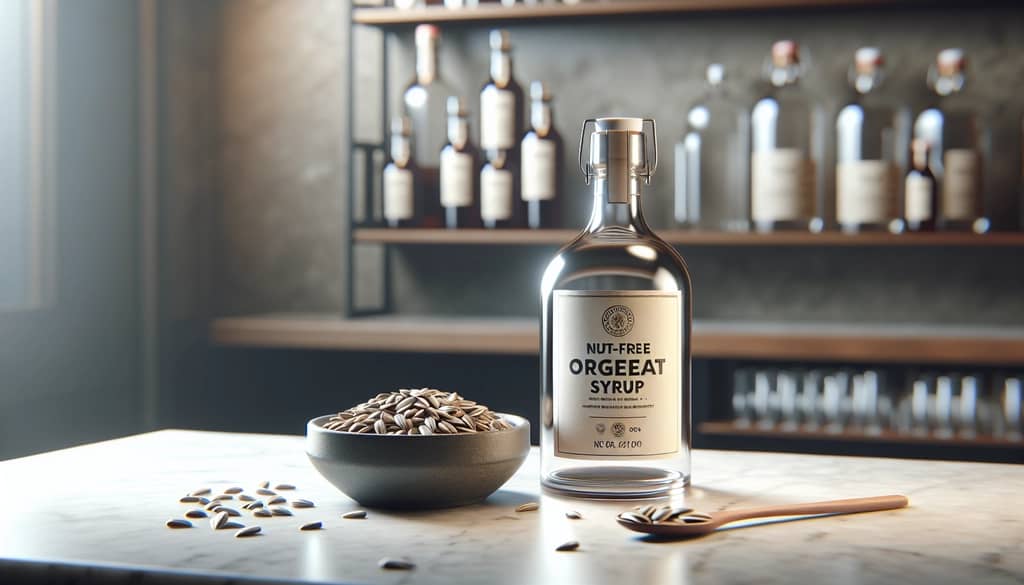 Nut-free orgeat syrup alternative in a glass bottle