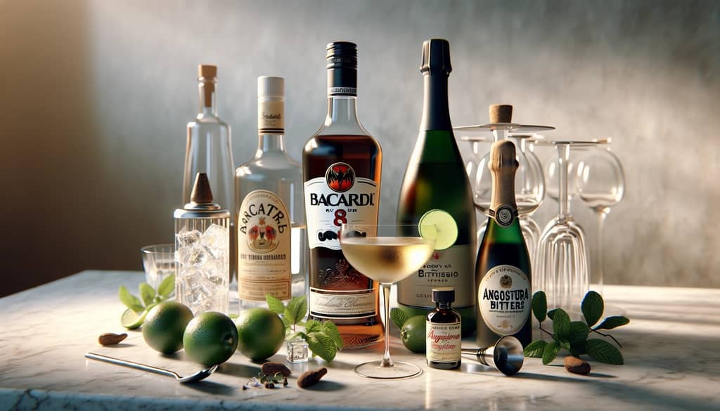 bacardi old cuban recipe ingredients on marble bar