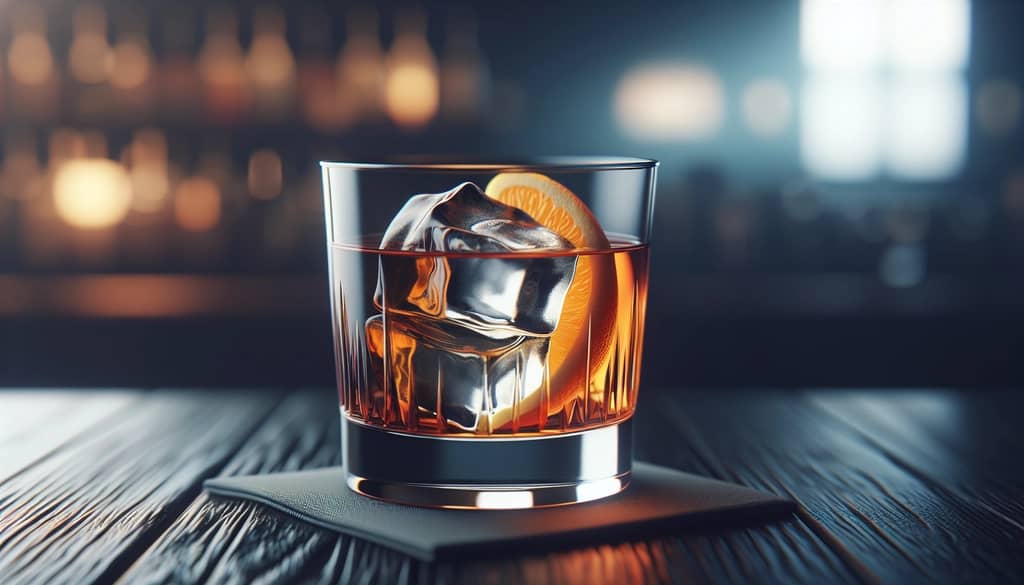 Old fashioned cocktail with clear ice cube