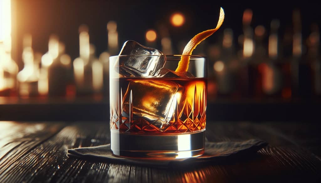 old fashioned cocktail in a rocks glass with orange twist