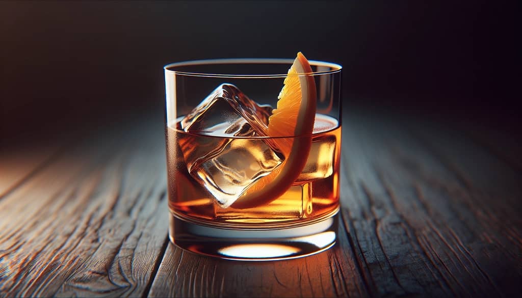 old fashioned cocktail in short glass with orange peel