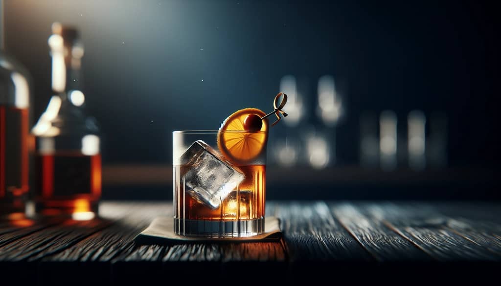 old fashioned cocktail with large clear cube