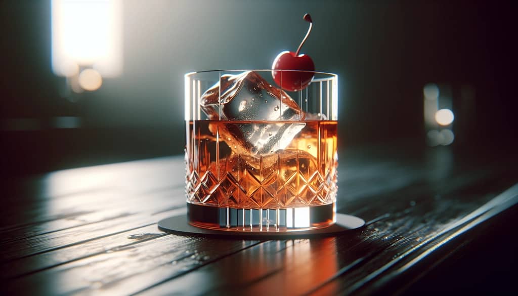 Old fashioned cocktail with large ice and cherry