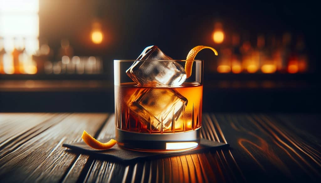 old fashioned cocktail in a rocks glass with orange twist
