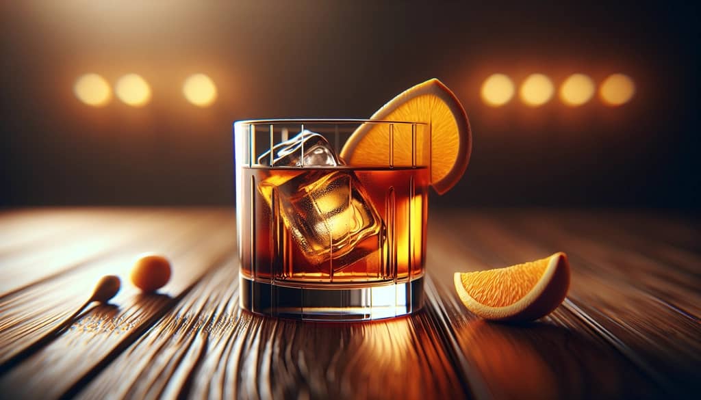 old fashioned cocktail in rocks glass with orange peel