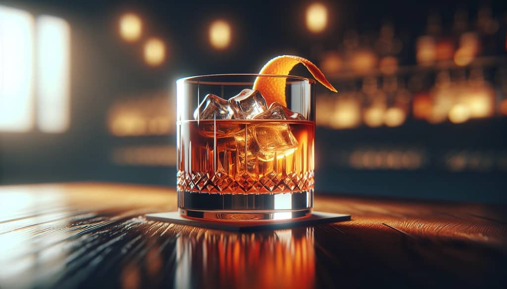 Portakal kabuğu süslemeli, taşlı bardakta Old Fashioned viski kokteyli