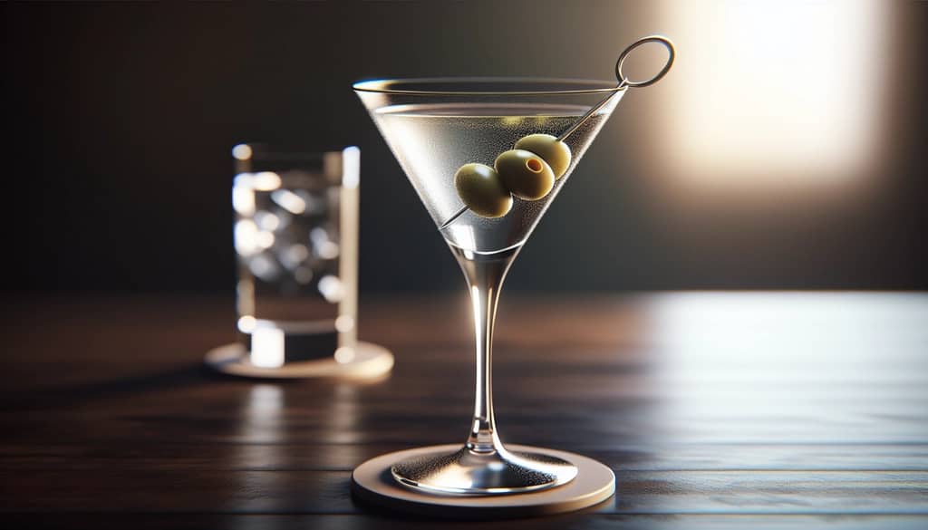 martini glass with a single green olive