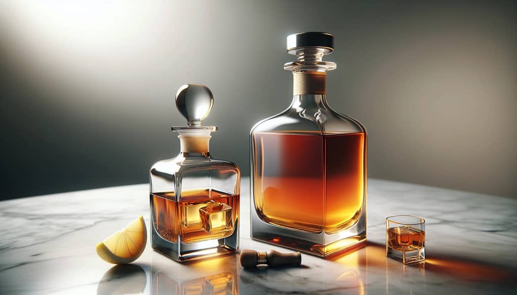 opened whiskey bottle and small glass decanter on marble surface