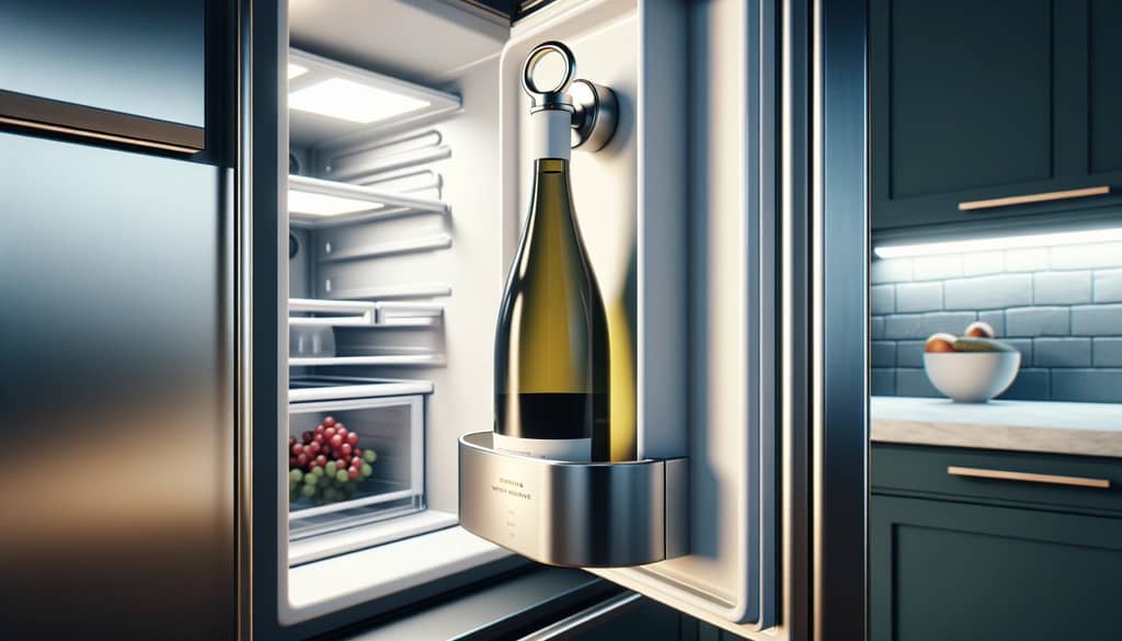 opened wine bottle with stopper in refrigerator