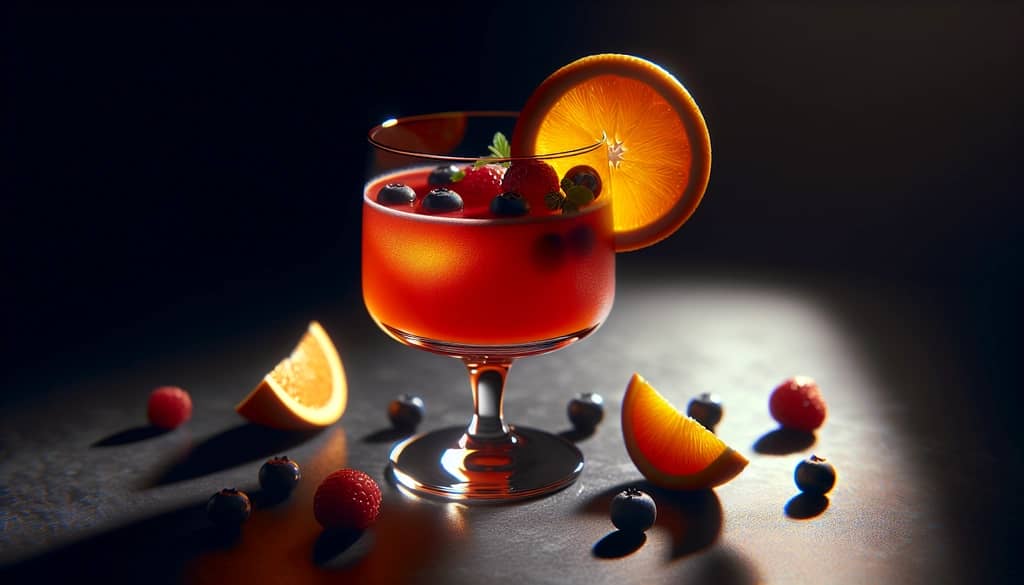 orange and berry mocktail in a stemmed glass with citrus garnish
