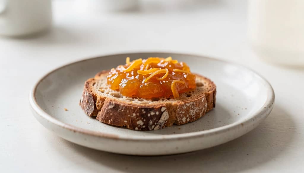 toast topped with orange ginger whiskey marmalade