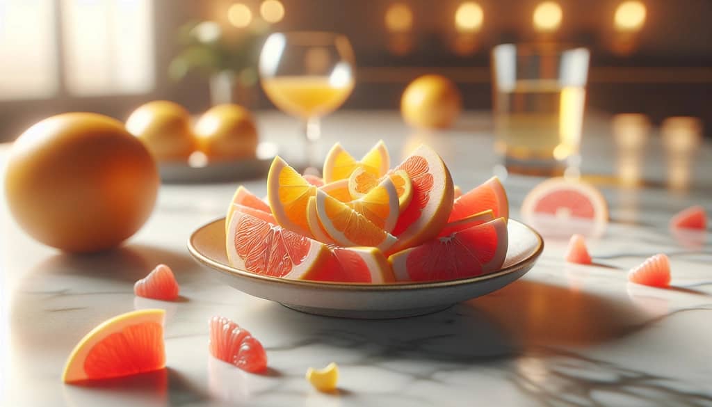 Close-up of orange and grapefruit garnishes for Campari spritzer