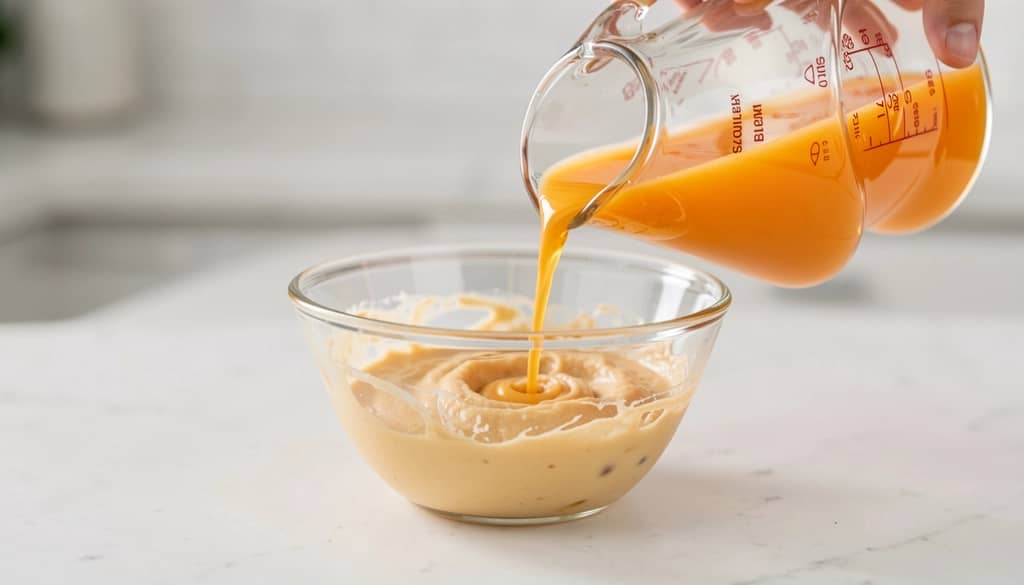 orange liqueur poured into mixing bowl for cake batter