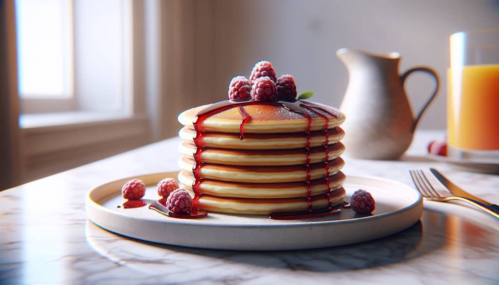 pancakes drizzled with berry syrup