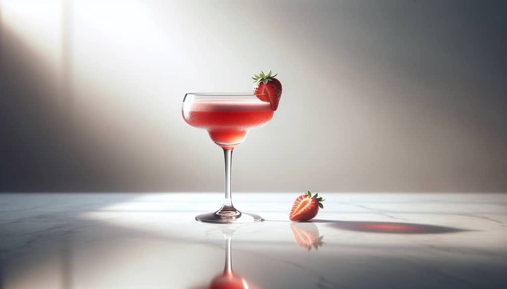 patron strawberry margarita in coupe glass with strawberry garnish