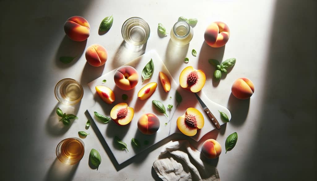 fresh peaches and basil for peach margarita
