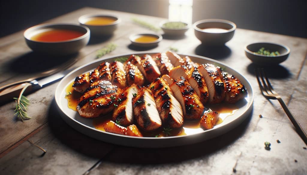 peach-glazed chicken on white plate