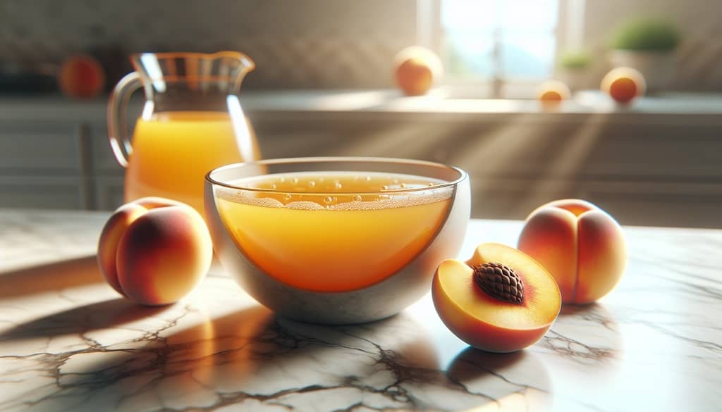 tazón de jugo de durazno en la encimera de la cocina