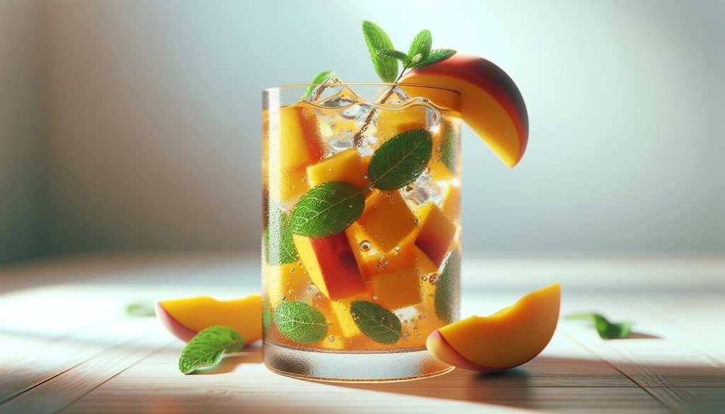 peach and mango mojito with mint garnish, close-up