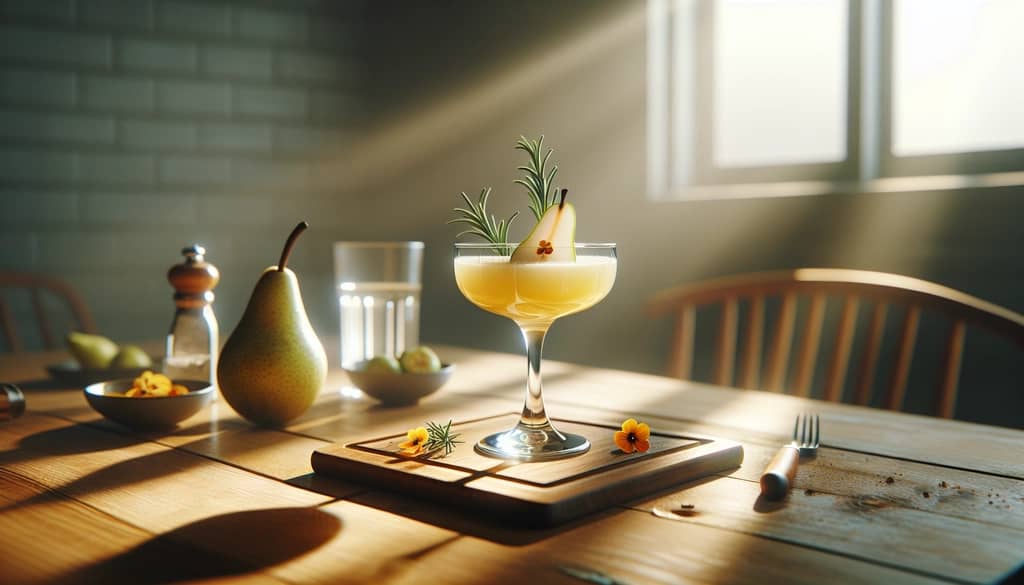 pear and rosemary brunch cocktail with floral garnish